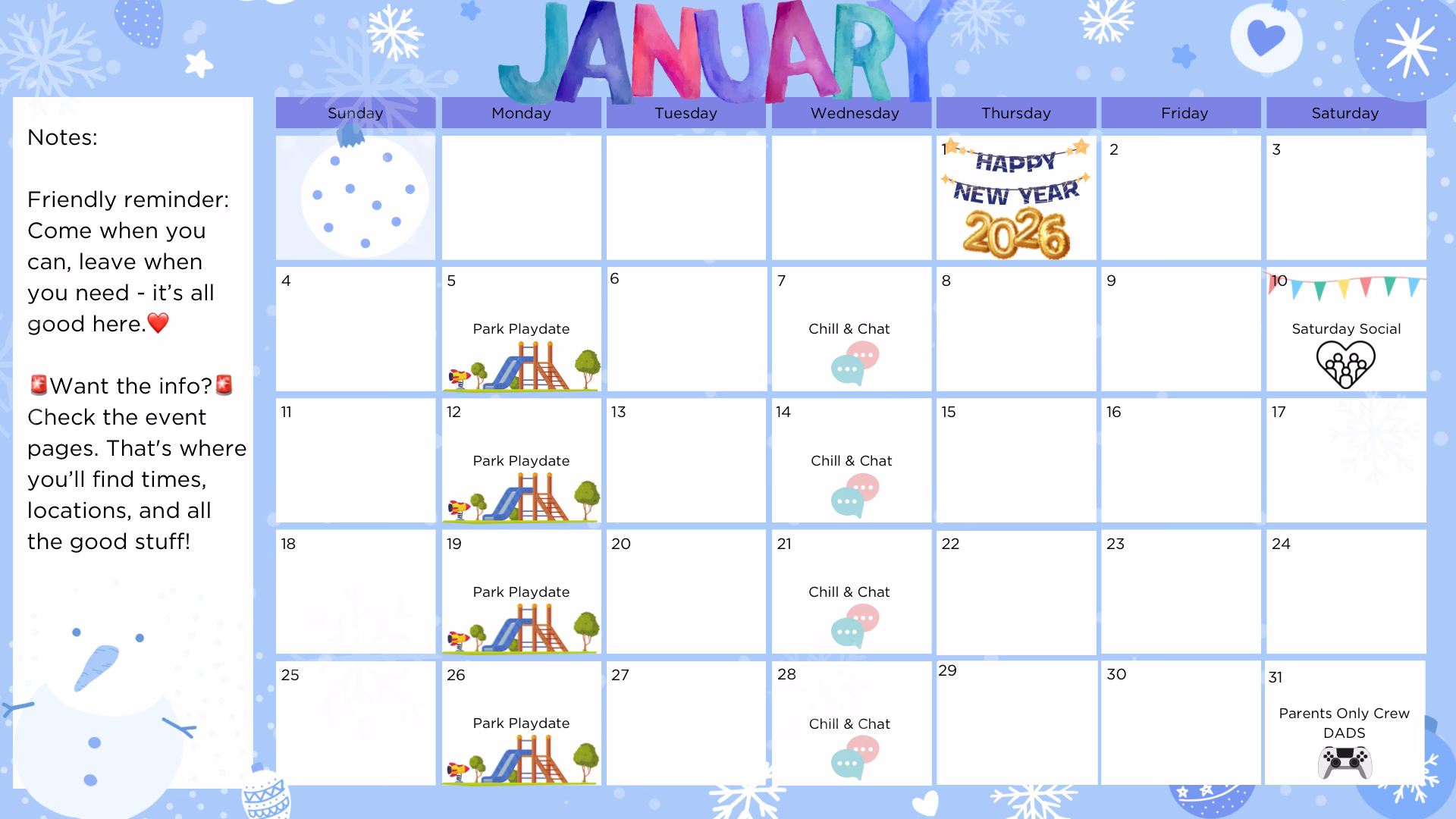 Calendar for the playdate crew's December events